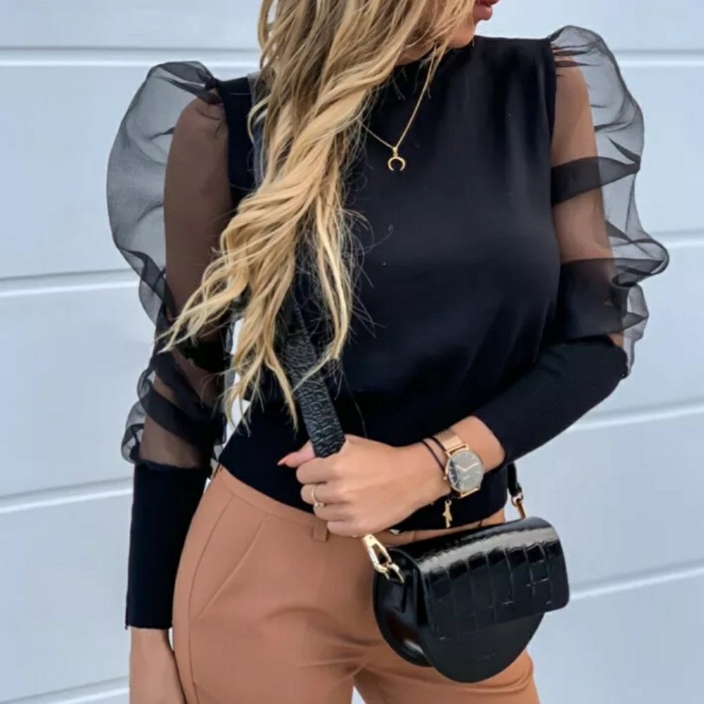 Black top with sheer sleeves